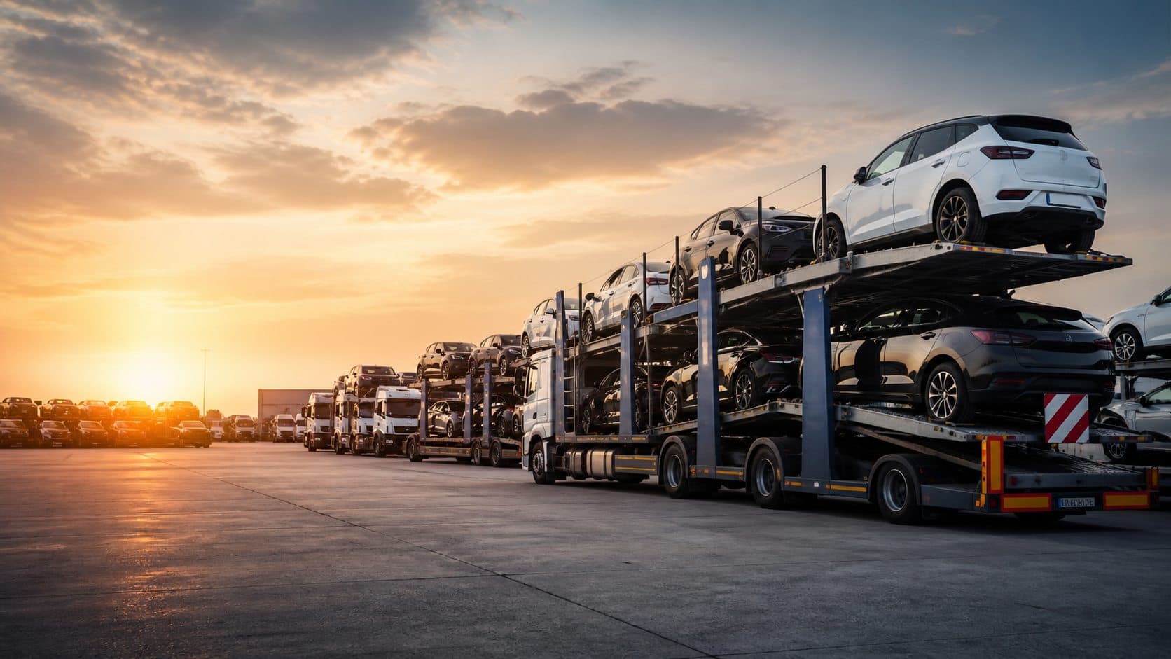 Autovežiai su automobiliais logistikos aikštelėje